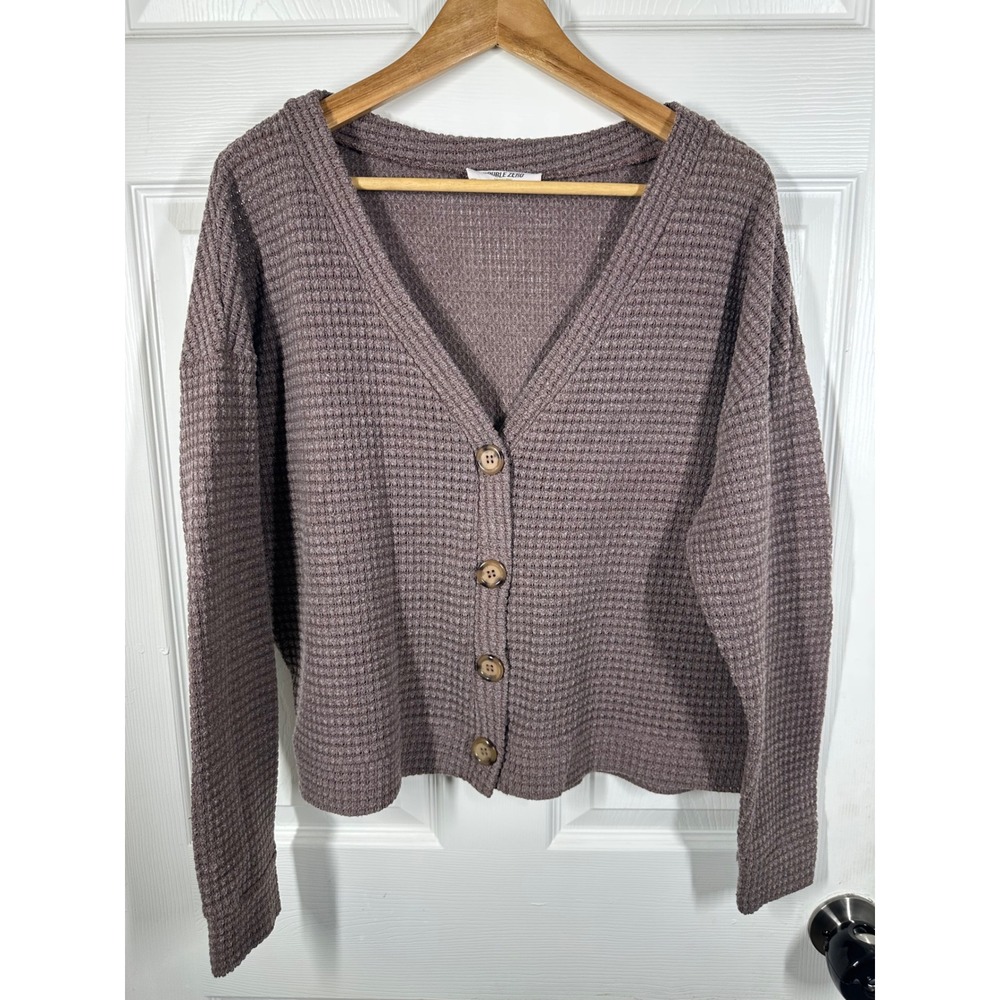Double Zero Cardigan Women Large Brown Waffle Knit V-Neck Button Front Casual